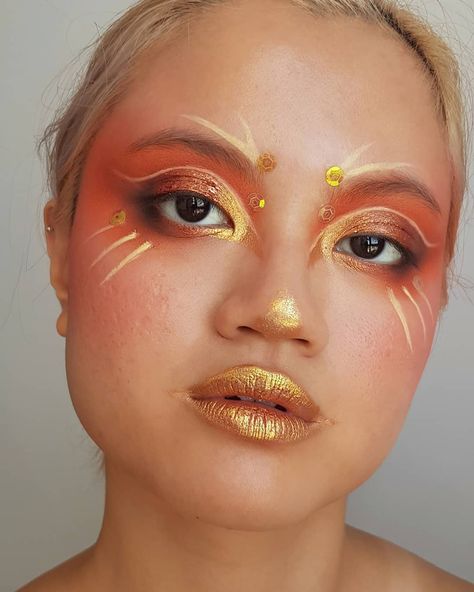 carolyn on Instagram: “🍂firebird🍂 . i tried guys, i really did LOL. I'm not really satisfied with this look (it was supposed to be a phoenix) as it didn't turn…” Phoenix Makeup Look, Fire Element Makeup, Orange And Gold Makeup, Sun Inspired Makeup, Sun Makeup Looks, Orange Glitter Makeup, Fire Inspired Makeup, Colorguard Makeup, Sunset Makeup Looks