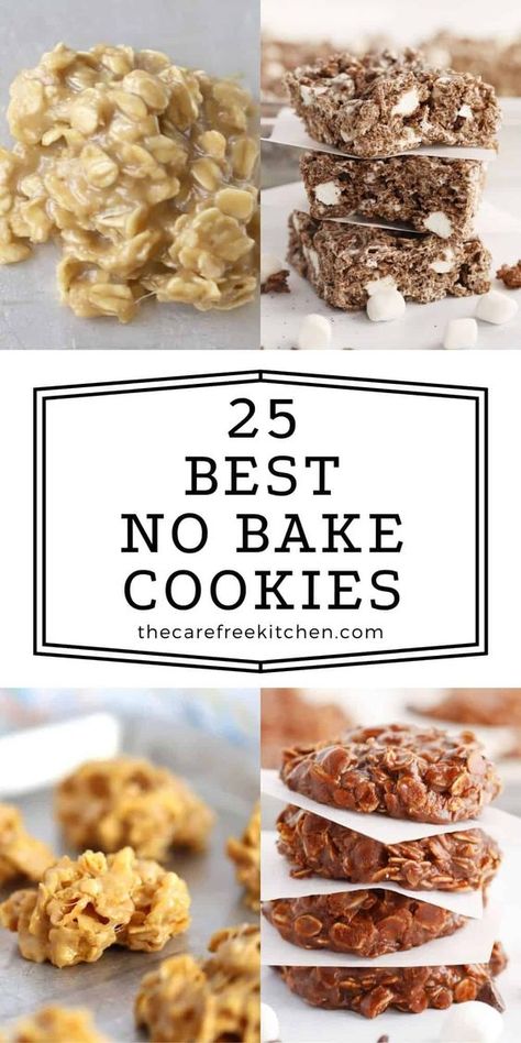 We’ve compiled 21 of our Best No-Bake Cookies, No-Bake Bars and No-Bake Energy Balls that are simple, delicious and can be made without turning on the oven. This collection of nostalgic no-bake treats has a little something for everyone including healthy energy balls, ooey-gooey s’mores cereal bars and classic peanut butter no-bake cookies. #thecarefreekitchen #best #nobake #cookies #bars #energyballs #healthy #quick #desserts #classic Peanut Butter Free No Bake Cookies, No Bake Peanut Butter Oatmeal Balls Easy, No Bake Without Peanut Butter, No Bake Oatmeal Cookies No Peanut Butter, No Bake Cookie Flavors, Bo Bake Cookies Recipes, Non Bake Oatmeal Cookies, No Bake Cookies No Butter, Non Bake Treats