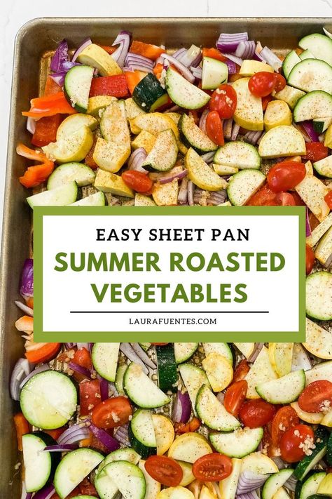 a sheet pan with different cut up veggies with seasoning on them Garden Vegetable Recipes, Summer Vegetable Recipes, Roasted Summer Vegetables, Fresh Vegetable Recipes, Easy Roasted Vegetables, Sheet Pan Dinners Recipes, Summer Vegetables, Baked Veggies, Roasted Vegetable Recipes