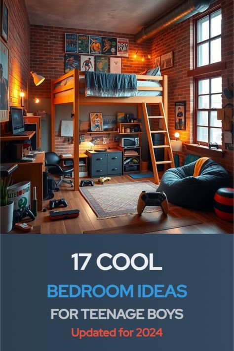 teenage boy bedroom ideas Boy Room Ideas Teenagers Led Lights, Boys Loft Bedroom Ideas, Boys Loft Bedroom, Teen Bedroom Boy, Teenage Boys Bedroom Ideas, Kids Hangout Room, Teen Hangout Room, Teen Boy Room Decor, Sports Themed Bedroom