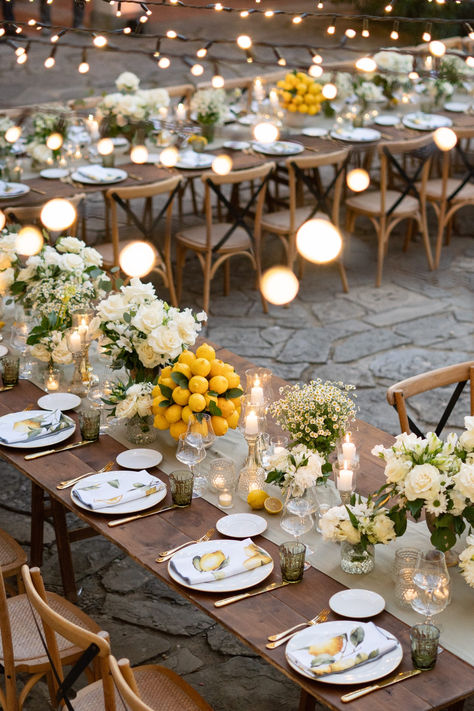 Lemon Themed Italian Wedding Reception Ideas #lemonwedding #lemonthemedwedding #citruswedding #italianwedding #receptionideas Italian Wedding Lemon Decor, Orange And Lemon Wedding Theme, Mediterranean Wedding Decor Ideas, Lemons Wedding Table, White And Yellow Table Setting, Italian Wedding Dinner Table Settings, Lemon Italian Wedding, Wedding Italian Theme, Wedding Decorations Lemons