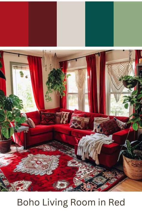 Red Boho Living Room: Color Palette and Houseplants Red Sofa Decorating Color Schemes, Red Velvet Couch Living Room Ideas, Black White And Red Living Room, Red Couches Living Room Decor, Red Sofa Living Room Ideas, Red Couch Living Room Ideas, Red Couch Decor, Red Velvet Couch, Living Room Color Palette