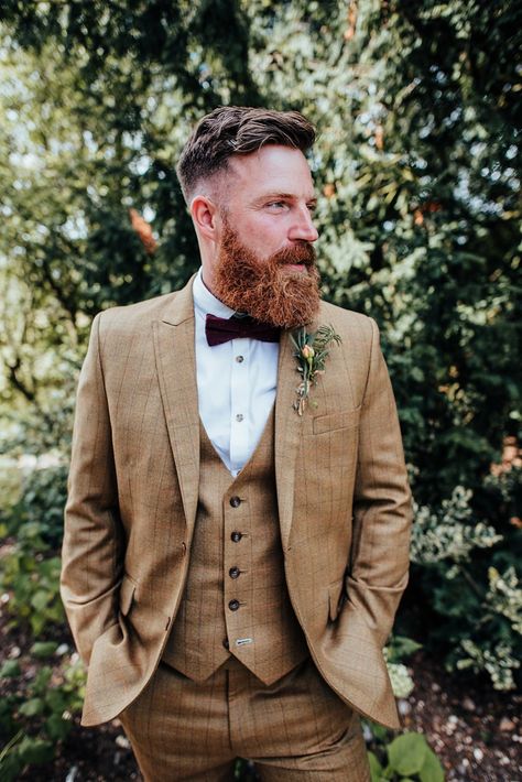 Bowtie Suit Wedding, Brown Suit Bow Tie, Tan Tweed Suit Wedding, Brown Groomsman Suit, Mens Brown Wedding Suit, Mens Wedding Suits Rustic, Rustic Wedding Suits For Men, Boho Wedding Suit Grooms, Brown Suit Men Wedding