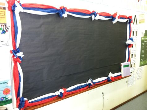 DIY Bulletin Board Borders - Classroom DIY Tissue Paper Borders, Patriotic Classroom, History Bulletin Boards, American History Classroom, Paper Borders, Diy Bulletin Board, Summer Bulletin Boards, Classroom Diy, Bullentin Boards