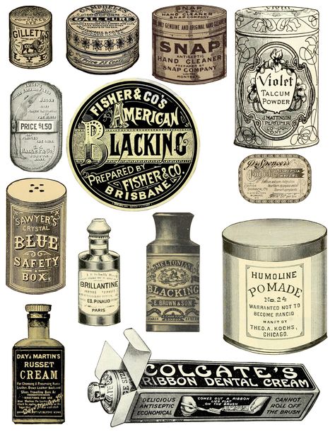 Free Printable Vintage Ephemera - Bottles and Tins of Cosmetics, Household Products, etc. Vintage Labels Printables Free, Vintage Labels Printables, Steampunk Printables, Goth Diy, Scrapbook Printables Free, Printable Tickets, Papel Vintage, Vintage Ticket, Free Vintage Printables