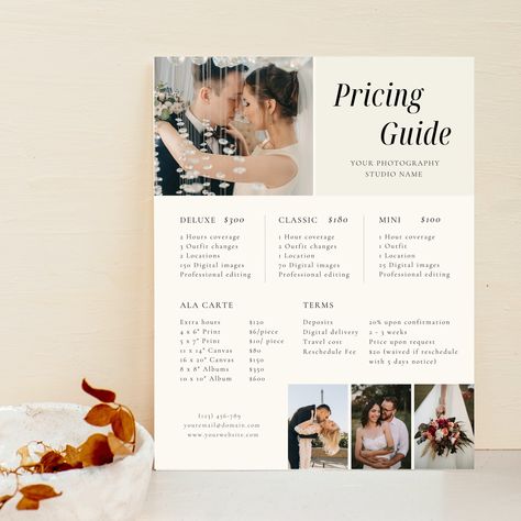 Wedding Photography Pricing List| Wedding Pricing Guide Sheet Template| Wedding Collection Package| Photographer Price Guide| Editable Canva https://etsy.me/38gBS9w #weddingpricelist #weddingpriceguide #weddingpricinglist #photopricesheet #weddingsheet #weddingprice # Wedding Photography Packages Prices, Photography Studio Names, Pricing List Template, Photographers Price List, Photography Business Forms, Wedding Pricing, Wedding Pricing Guide, Photography Pricing Template, Wedding Packages Prices