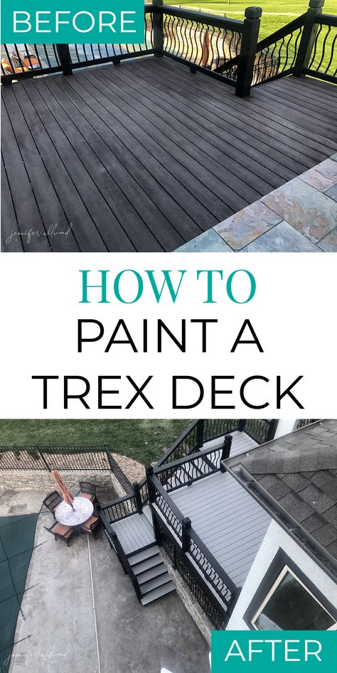 We took our #trexdeck from brown to a bright, beautiful light grey! You can go to my blog for all the details on how to paint your deck!  #homeremodel #homedecorating #trexdeckideas #trexdecking #howtopaintatrexdeck #deckideas #outdoordecor #modernhome #deckdecorating #deckdecoratingideas #outdoorhomedecor #outdoorhomeremodel #outdoorhomeimprovement Painting Trex Deck, Composite Deck Paint, Painting Trex Decking, Painted Decking Ideas, Painted Deck Ideas, Painted Decks, Deck Paint Colors, Painted Deck, Deck Staining