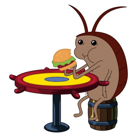 This little cute brown creature is a Cockroach that lives in the kitchen of the Krusty Krab. SpongeBob made a small restaurant especially for Cockroach, put him at a miniature table, and fed him a... Cockroach From Spongebob, Cockroach Spongebob, Spongebob Restaurant, Spongebob Cockroach Eating, Spongebob Roach, Spongebob Illustration, Spongebob Workout, Spongebob Krusty Krab, Spongebob Squarepants Funny