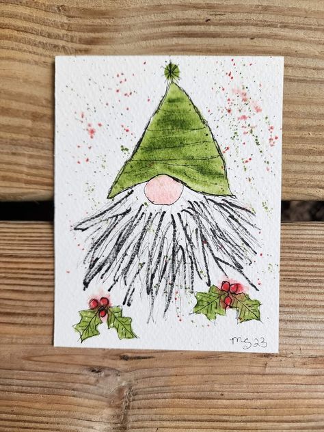 Watercolour Christmas Cards Ideas Easy, Watercolor Gnomes, Watercolor Christmas Cards Diy, Painted Christmas Cards, Christmas Card Art, Watercolor Christmas Cards, Watercolor Paintings Easy, Christmas Card Crafts, Watercolor Flower Art