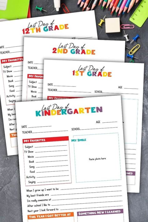 Looking for end of the year activities for kids to do? Have them fill out these All About Me Last Day of School printable worksheets with their favorite things from that school year. Free printable sheets for kindergarten through 12th grade! Add these printable interview sheets for kids to your kids school memory box or time capsule as a fun keepsake! School Year Printables, School Keepsake Organization, School Keepsake Ideas, School Memory Boxes Free Printables, Kindergarten Keepsakes, Last Day Of School Worksheets, Kids Memory Box Ideas, School Memory Book Printables, School Memory Boxes