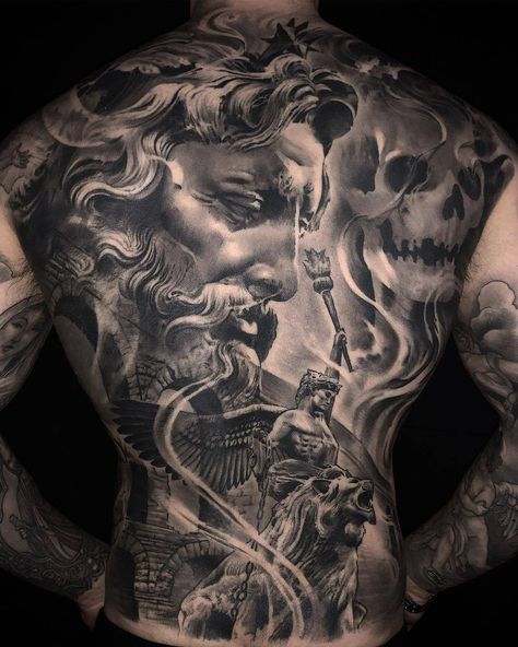 Tattoo artist Ezequiel Samuraii, authors black and grey portrait surrelistic horror tattoo realism | Barcelona, Spain Zeus Back Tattoo, Seni Mural, Cool Back Tattoos, Poseidon Tattoo, Zeus Tattoo, Back Piece Tattoo, Greek Mythology Tattoos, Full Back Tattoos, Back Tattoos For Guys