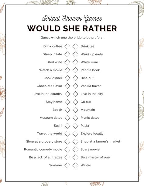 Add some fun to your bridal shower with this free printable 'Would She Rather' game! This funny bridal shower game is perfect for unique bridal shower activities that will keep guests entertained. Whether you're planning a wedding shower or bridal party, this game is a must-have! Bridal Would She Rather, Bridal Games Free Printables, Cute Bridal Shower Games, Bridal Shower Ice Breaker Games, Bridal Shower Games Free Printables Templates, Bridal Shower Games Funny Interactive, Bridal Shower Ideas Games, Free Bachelorette Party Games, Bridal Shower Games Free