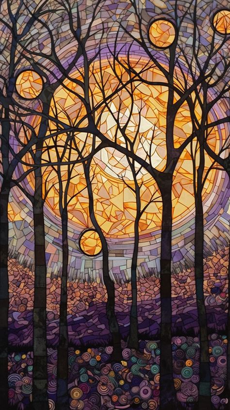 Mosaic Trees Pattern, Forest Mosaic, Mosaic Tree Art, Veneer Art, Fall Landscape Painting, Landscape Mosaic, Tree Mosaic, Twisted Tree, Fall Landscape