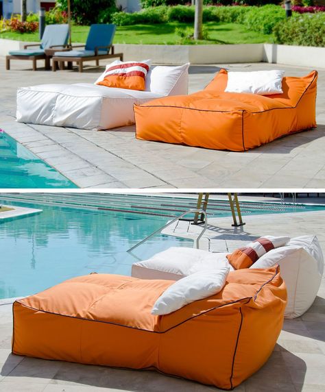 Get extra comfy on these squishy yet supportive outdoor bean bag beds that are perfect for lounging pool side. Pool Bed Ideas, Deck Daybed, Pool Side Furniture Ideas, Pool Furniture Ideas, Pool Side Furniture, Outdoor Bean Bag Lounger, Pool Loungers, Diy Patio Ideas, Diy Patio Furniture Ideas