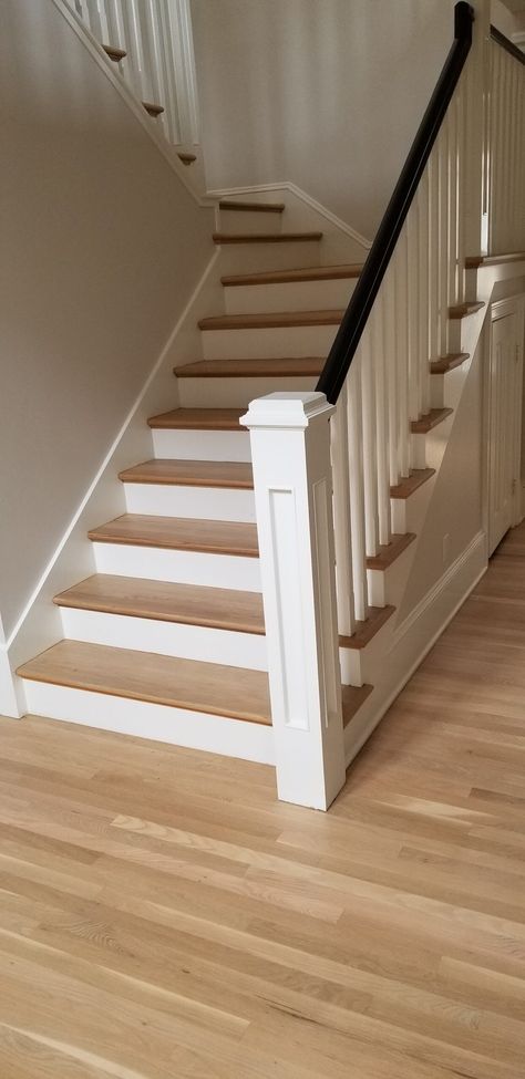 White Balusters, Square Balusters, Stairs Makeover Design, Farmhouse Stairs, Stair Renovation, Stairs Renovation, Wall Framing, Stair Makeover, Handrail Design