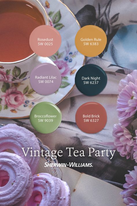 Bring the charm of a vintage tea party into the here-and-now with this curated paint palette from Sherwin-Williams. Tap this pin to order six FREE color chips. We've even pre-loaded your cart to make it a snap to get started. #sherwinwilliams #paint #painting #diy #teaparty #vintage #aesthetic #palette #design Whole House Paint Scheme Purple, Vintage Tea Party Color Palette, Prettiest Color Palette, Pastel And Jewel Tone Color Palette, Vintage Purple Color Palette, Tea Party Color Scheme, Purple Paint Palette, Whimsical Color Palette Colour Schemes, Aesthetic Paint Palette