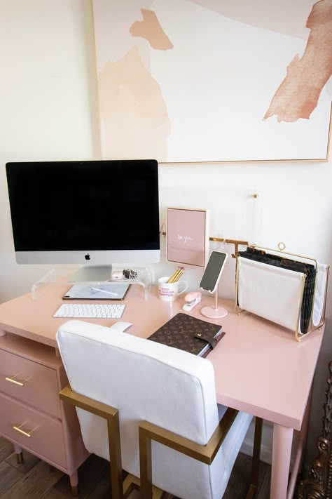 Pink and gold desk, Pink office decor, office decor inspiration, pink phone stand, office accessories, Teresa Caruso Desk Tour, Office Organization At Work, Buy Desk, Cool Office Space, Work Office Decor, Pink Office, Home Office Inspiration, Desk Inspiration, Dream Office