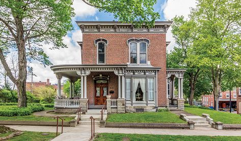 Indiana's Love for Italianate Style - Indiana Landmarks Italianate House Exterior, Italianate House, Wooden Porch, Side Porch, Old Houses For Sale, European Architecture, Stunning Interiors, Brick House, Maine House