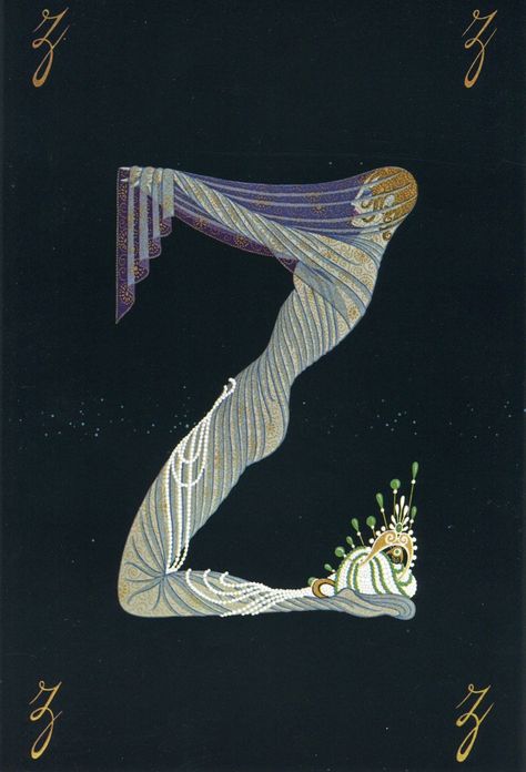 Alphabet - Y and Z This is a double sided art deco vintage print from the Alphabet Suite by Erte (Romain de Tirtoff).   In excellent condition, it is a genuine original vintage print, from the autographed limited-edition volume, collated and published by Dover in its First Edition (1978).  It is printed on quality heavy coated paper, in vibrant colours.  The print is post-free within the UK. Print size approximately 9 inches x 12 inches (23 x 31 cms) including a generous margin for framing. The Erte Art Deco Illustrations, Erte Alphabet, Erte Illustration, Erte Art Deco, Erte Art, Romain De Tirtoff, Art Deco Illustrations, Art Deco Paintings, Museum Poster