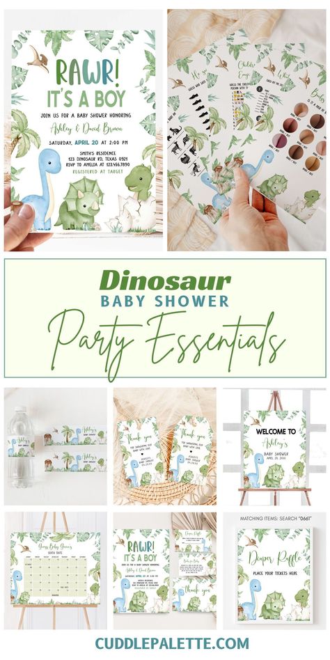 Looking for the perfect baby shower theme? Worry no more! Explore our Dinosaur Baby Shower Party Essentials that includes baby shower invitations, party decors, and games. Click through and start planning! Dino Baby Shower Ideas Boys, Baby Shower Dinosaur Theme, Dinosaur Baby Shower Ideas, Dinosaur Baby Shower, Party Essentials, Baby Shower Party Supplies, Dinosaur Theme, Perfect Baby Shower, Baby Shower Party