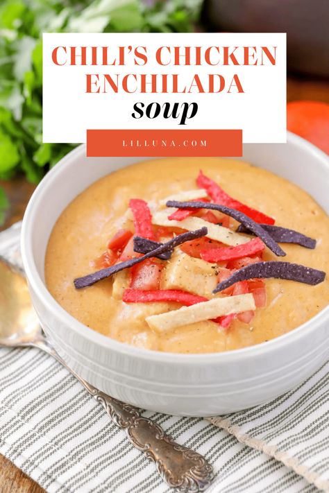 This copycat of Chili's chicken enchilada soup tastes just like the restaurant's version. It's a new favorite dinner meal! #chickensoup #enchiladasoup #soup #copycatrecipe #chicken Chilis Enchilada Soup, Green Chili Chicken Soup, Chili's Chicken Enchilada Soup, Chicken Enchilada Soup Recipes, Pork Salad, Homemade Enchiladas, Chicken Enchilada Soup, Favorite Dinner, Enchilada Soup