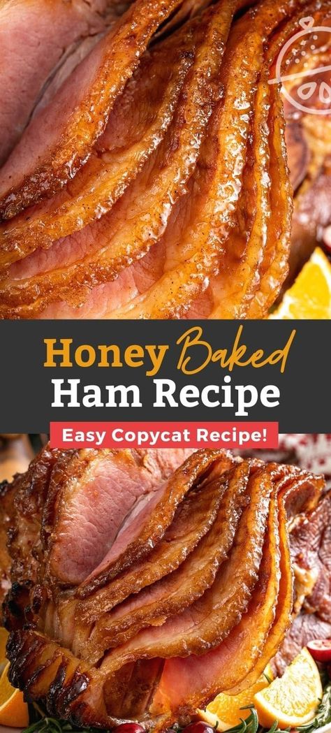 This copycat Honey Baked Ham recipe is insanely delicious and will definitely help you save money on your holiday meal. Juicy and tender spiral ham gets extra flavor with a caramelized and sticky layer of butter and sweet honey glaze. Oven, slow cooker and Instant pot directions provided. #lemonblossoms #honeybaked #ham #holidays #Christmas #Easter #Thanksgiving #crockpot #instantpot #baked Ham And Apples Recipe, Honeybaked Ham Recipe, Candied Ham Recipe, Best Thanksgiving Ham, Precooked Ham In Crockpot, Boneless Ham In Crockpot, Ham In A Roaster Oven, Crockpot Ham Recipes, Honey Baked Ham Recipe Copycat