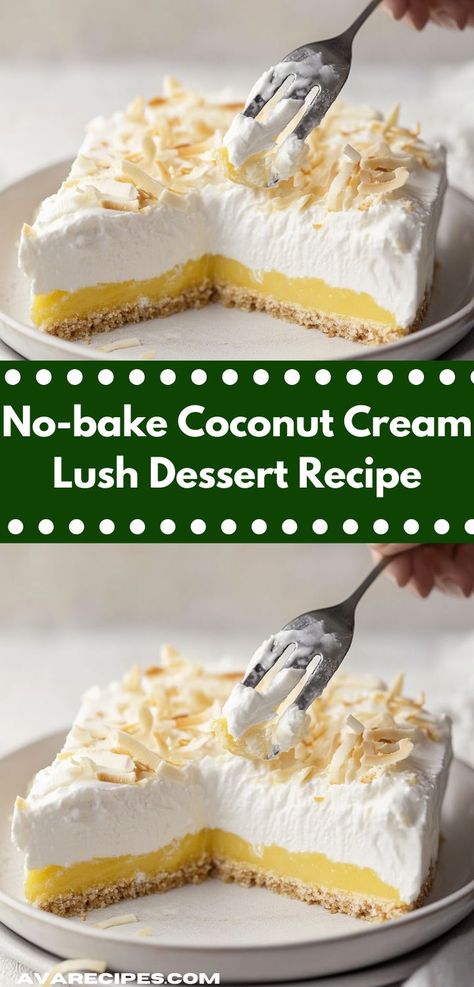 Looking for a delightful dessert that’s easy to whip up? This No-bake Coconut Cream Lush Dessert is a tropical treat that your family will love, making it perfect for summer gatherings or weeknight indulgences. Coconut Cream Lush, Coconut Lush, Assorted Cheesecake, Dessert Ideas Simple, Unique Recipes Desserts, Lush Dessert, Cheesecake Desserts Recipes, Simple Dessert Recipes, Coconut Dessert