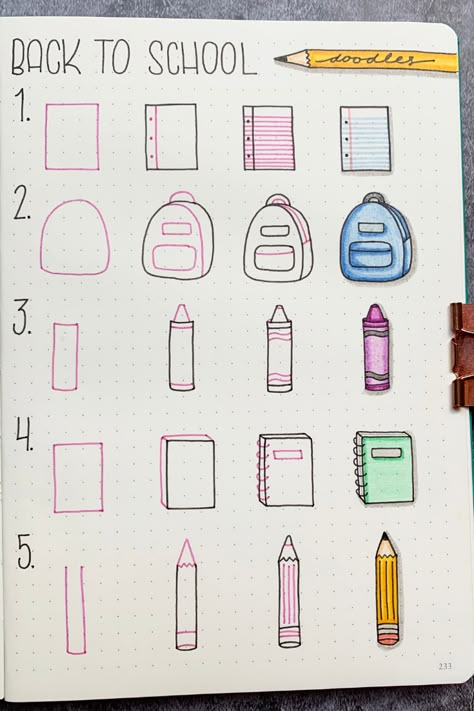 School is in session! Add excitement to your journaling and planners with this Back to School Doodle tutorial! Free printable included. Cute Drawings For School, Doodle Drawings School, Easy School Doodles, Journaling Drawings Doodles, How To Draw School Supplies, Cute School Drawing, Cute Doodle Tutorial, School Doodles Drawings Ideas, Cute School Drawings