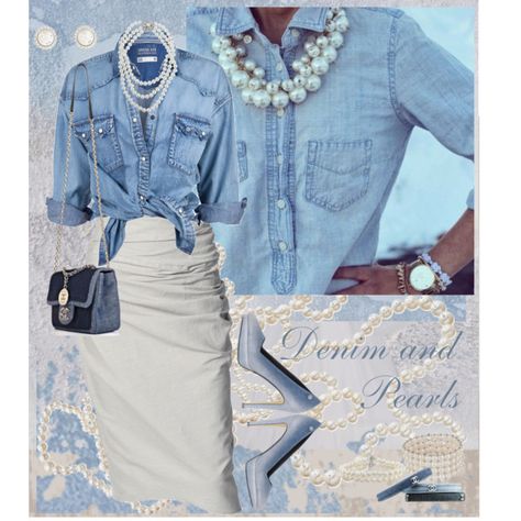 "Denim and Pearls"                                                                                                                                                                                 More Sequin And Denim Outfit, Styling Pearls Outfit, Denim And Bling Outfits, Denim Diamonds Theme Outfit, Denim Themed Party Outfit, Denim And Pearls Outfits, Denim And Diamonds Party Outfit, Pearls Outfits, Pearls Outfit