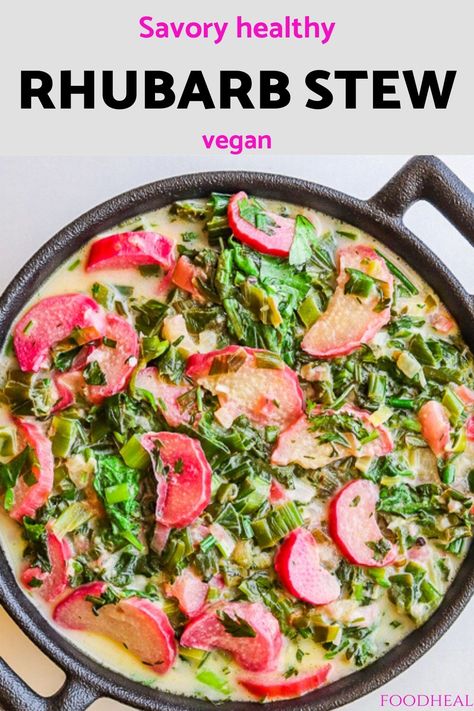 Enjoy this savory rhubarb recipe with radish greens. It's a sweet sour vegan side dish that you can serve with rice, quinoa or bread. #rhubarb #rhubarbsavoryrecipe #veganrecipes #healthyrecipes #sidedish #vegetables Rhubarb Savory Recipes, Rhubarb Recipes Vegan, Rhubarb Savory, Vegan Rhubarb Recipes, Savory Rhubarb Recipes, Vegan Rhubarb, Pickled Rhubarb, Crohns Diet, Ic Diet