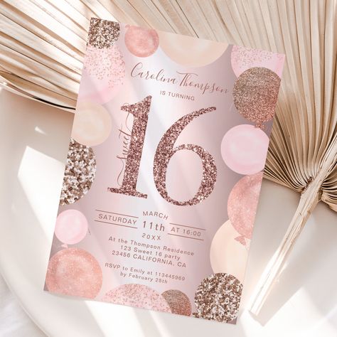 16th Birthday Balloons, Sweet 16 Photo, Sweet 16 Party Invitations, Sweet 16 Photos, Rose Gold Invitations, 16th Birthday Invitations, Sweet Sixteen Invitations, Calligraphy Typography, Photo Birthday Invitations