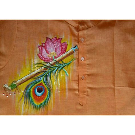 Blouse Fabric Painting Design, Krishna Painting On Fabric, Morpankh Painting, Peacock Fabric Painting, Krishna Embroidery Designs, Krishna Fabric Painting, Krishna Feather, Fabric Colour Painting, Reception Table Decor