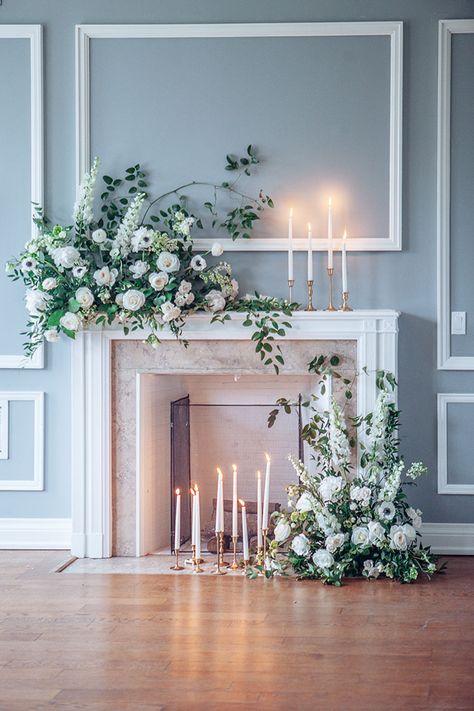 Floral Fireplace Wedding, Wedding Chimney Decoration, Flowers On Fireplace Mantle Wedding, Wedding Flowers Fireplace Mantles, Fireplace Mantel Wedding Flowers, Fireplace Flower Decor, Wedding Fireplace Florals, Mantle Decor Wedding Fireplace, Wedding Ceremony Fireplace Backdrop