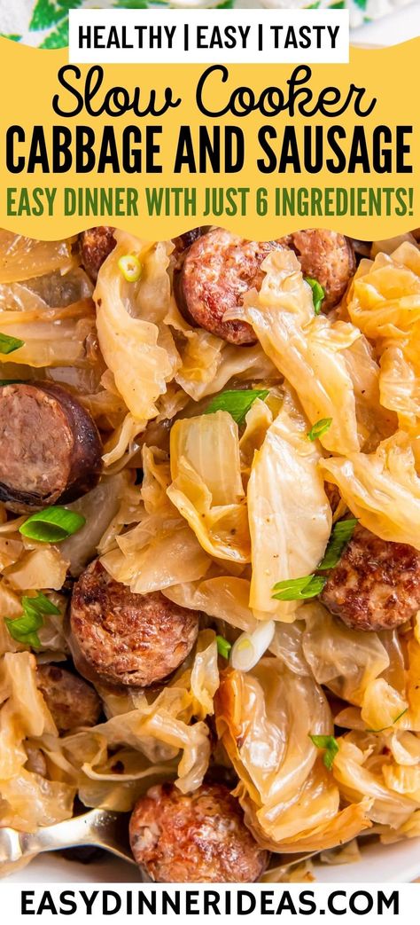 Crockpot cabbage and sausage is a healthy dinner made with tender cabbage, seared smoked sausage, and spicy cajun seasoning! This is comfort food at its best with only 6 simple ingredients making it a budget friendly dinner as well! Turkey Sausage And Cabbage Recipes, Cabbage Sausage Recipes Crockpot, Cabbage And Sausage Recipes Crock Pots, Smoked Sausage And Cabbage Recipes, Crockpot Cabbage And Sausage, Easy Sausage Dinner, Easy Sausage Dinner Recipes, Cabbage And Smoked Sausage, Sausage Crockpot Recipes