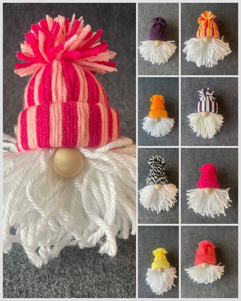 Handmade yarn gnomes. Super cute and festive:) Adorable to place or hang anywhere to add a little color, charm and a dash of good luck.🍀 Christmas Yarn Gnomes, Clothes Pin Christmas Crafts, Pom Pom Gnomes, Yarn Gnomes, Pompom Crafts, Clothespin Crafts Christmas, Clothespin Diy Crafts, Handmade Gnomes, Christmas Decorations Diy Crafts