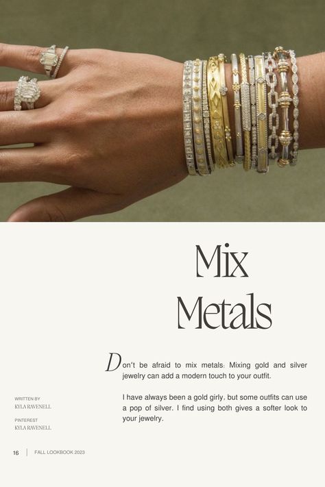 Silver And Gold Jewelry Mixing Outfit, Mix Metal Bracelet Stack, Mix Match Jewelry, Ring Stacking Ideas Mixed Metals, Silver And Gold Jewelry Mixing Aesthetic, How To Mix Gold And Silver Jewelry, Mixed Metals Bracelet Stack, Gold And Silver Mixed Jewelry, Gold And Silver Jewelry Together Mixed Metals