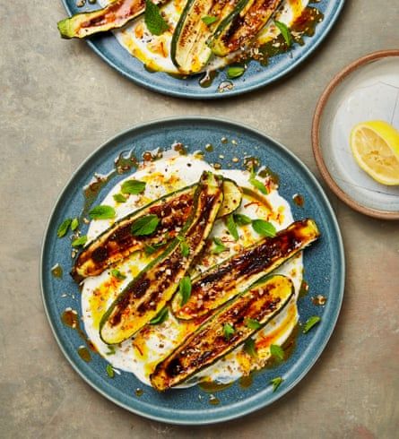 Salad Starter, Courgette Recipes, Grilled Courgette, Yotam Ottolenghi Recipes, Ottolenghi Recipes, Grilling Sides, Lemon Dressing, Middle Eastern Dishes, Small Food Processor