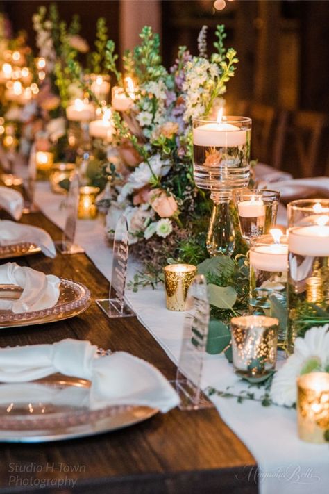 Candle Decor For Wedding Receptions, Votive Candle Wedding Decor, Gold And Glass Wedding Decor, Farm Table Wedding Decor Candles, Assorted Candle Centerpieces, Wedding Reception Mixed Tables, Candle Centerpiece Wedding Round Table, Brass Wedding Table Decor, Vase And Candle Centerpieces