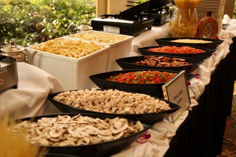 Pasta Action Station Pasta Trays For Party, Pasta Station Ideas Parties, Pasta Station Wedding Reception, Build Your Own Pasta Bar Wedding, Graduation Party Pasta Bar, Pasta Rehearsal Dinner, Wedding Spaghetti Bar, Spaghetti Bar Ideas, Make Your Own Pasta Bar