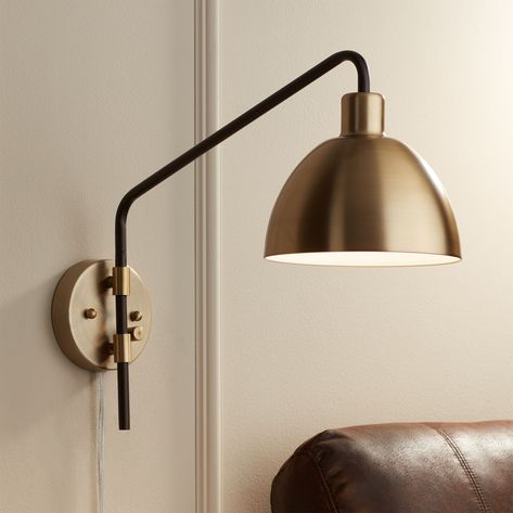 Plug In Wall Lamp, Metal Wall Lamp, Mid Century Modern Lighting, Antique Brass Metal, Wall Sconces Bedroom, Sconces Bedroom, Bedside Lighting, Wall Lamps, Lamps Plus