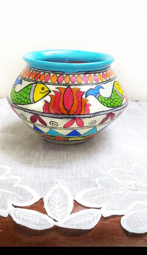 #Acrylic colours # Traditional nib # Brush Madhubani Art On Pots, Madhubani Pot Painting, Pot Painting Ideas For Competition, Madhubani Painting On Pot, Matki Decoration, Planter Painting, Mithila Art, Handmade Decorative Items, Rajasthani Painting