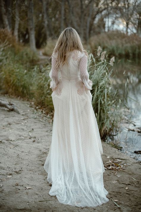 Natalie Wynn Grace gown, wedding dress, flower wedding dress, boho bridal, bohemian wedding dress, modest wedding dress photo: Hail Co Photo Model: Hay Hush Natalie Wynn, Dot Wedding Dress, Polka Dot Wedding Dress, Sleeved Wedding Dress, Dress Modest, Gown Inspiration, Wedding Dresses With Flowers, Dress Photo, Polka Dot Wedding