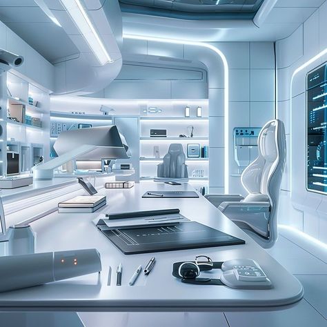 Sci Fi Office, Futuristic Office Design, Futuristic Hospital, Futuristic Library, Futuristic Rooms, Futuristic Desk, Futuristic Lab, Futuristic Apartment, White Futuristic