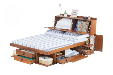 PRICES MAY VARY. BEST STORAGE SET (BED+HEADBOARD): The sturdy Bali Platform set is all made in solid pine wood and has synthetic leather handles. Lots of storage room. Includes the bed bases and slats. Thinking about your safety, all edges are rounded. Totally noise free 3 COLORS AND 4 SIZES: Comes in Caramel, Oak, and White Colors and is Available in King, Queen, Full and Twin sizes. Make a beautiful set with BALI DESK THE ASSEMBLY: This bed set is delivered disassembled. Along with the individ Full Size Lift Up Storage Bed, Bali Desk, Diy Headboard With Storage, Free Standing Bed, Storage For Small Bedrooms, Full Bed Frame With Storage, Under Bed Storage Ideas, Twin Bed With Drawers, Queen Bed With Storage