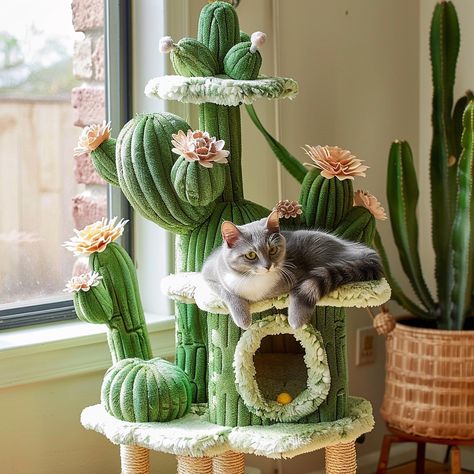 Fancy Cat Tree, Cute Cat Trees, Cat Tower Aesthetic, Aesthetic Cat Toys, Cat Things For Home, Cat Tree Aesthetic, Cactus Cat Scratcher, Aesthetic Cat Tree, Cute Cat Tree