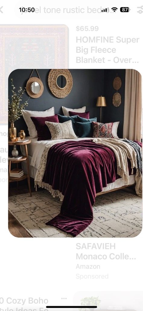 Jewel Tone Apartment, Jewel Toned Bedroom Decor, Mauve Bedroom, Jewel Tone Bedroom, Gold Bedroom, Grey Bedroom, Rustic Bedroom, Jewel Tones, Home Bedroom