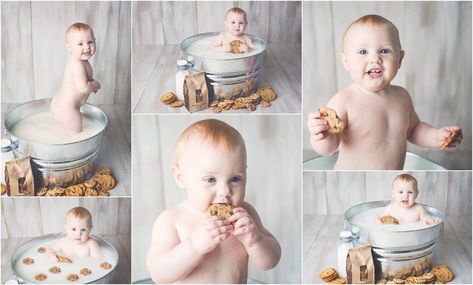 Cookie Milk Bath, Baby Milk Bath, Milk Bath Photos, Cookie Birthday Party, Cookie Pictures, Milk Bath Photography, Boy Photo Shoot, Birthday Picture, Bath Photography