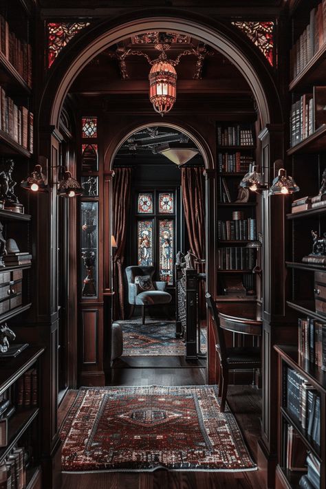 arch ways in a Gothic Revival library Dark Maximalism Library, Gothic Library Aesthetic, Library Room Aesthetic, Library Gothic, Gothic Revival Interior, Gothic Study, Dark Library, Arch Ways, Dark Academia Interior