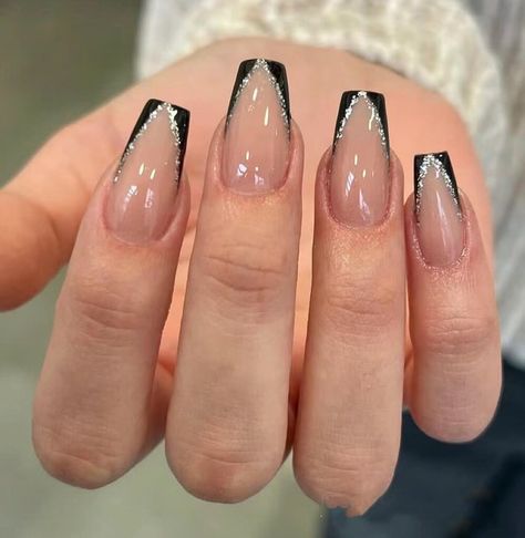 Black French Manicure, Black French Nails, Hoco Nails, Glitter French Tips, Glitter French Manicure, Black Coffin Nails, Black French Tips, Luxury Press On Nails, Small Nail