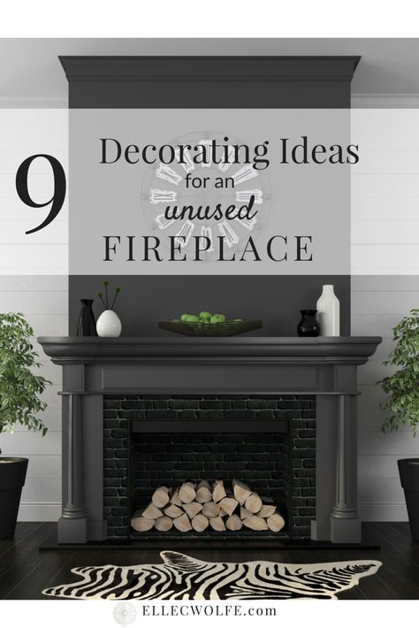 9 decorating ideas for an unusable fireplace | Elle C. Wolfe Interiors Decorating Ideas For Unused Fireplace, Decorating Inside Of Fireplace, Decorating An Unused Fireplace, Fireplace Insert Decor, Unused Fireplace Decor, Small Mantel Decorating Ideas, Fake Fireplace Decor, Hide Fireplace, Unusable Fireplace